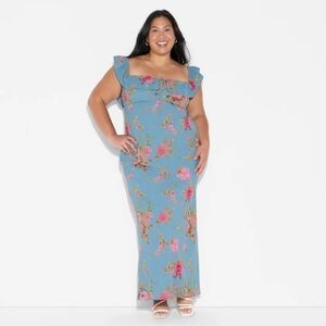 NWT Blue Floral Empire Waist Flounce Sleeve Maxi Dress Size 4X